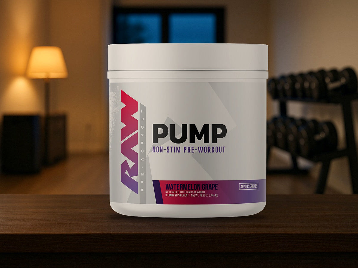 RAW Pump Non-Stim Pre-Workout Watermelon Grape tub on a dark walnut counter in a home gym at dusk, warm lamp and dumbbell rack softly blurred behind, product clearly in focus