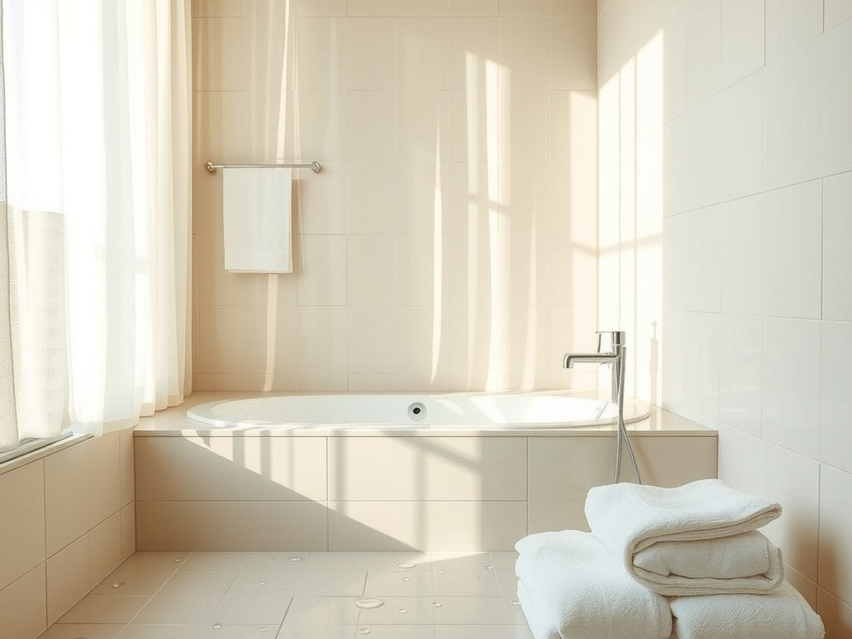 Soft morning poolside bathroom light with steam, water droplets, and folded towels, calm post-swim lifestyle
