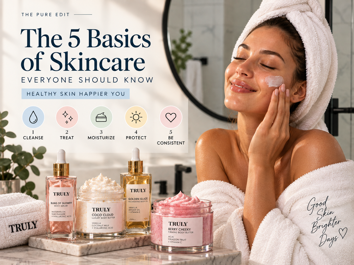 Woman applying skincare in a modern bathroom beside serums and body butters, highlighting the five skincare basics: cleanse, treat, moisturize, protect, and stay consistent.