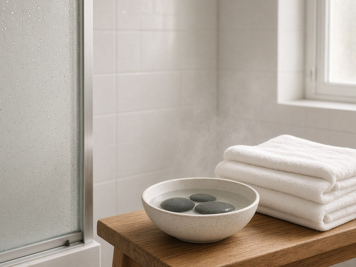 Bright spa bathroom with steam rising from a stone-filled water bowl, stacked white towels on a wood bench, soft daylight through a misted shower door