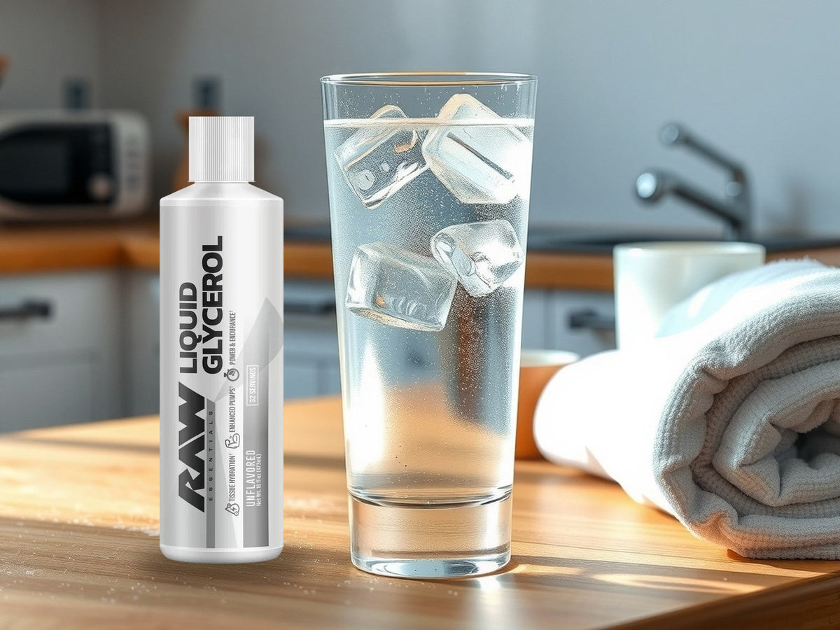 RAW Liquid Glycerol Unflavored bottle beside a tall glass of ice water on a sunlit wooden kitchen counter