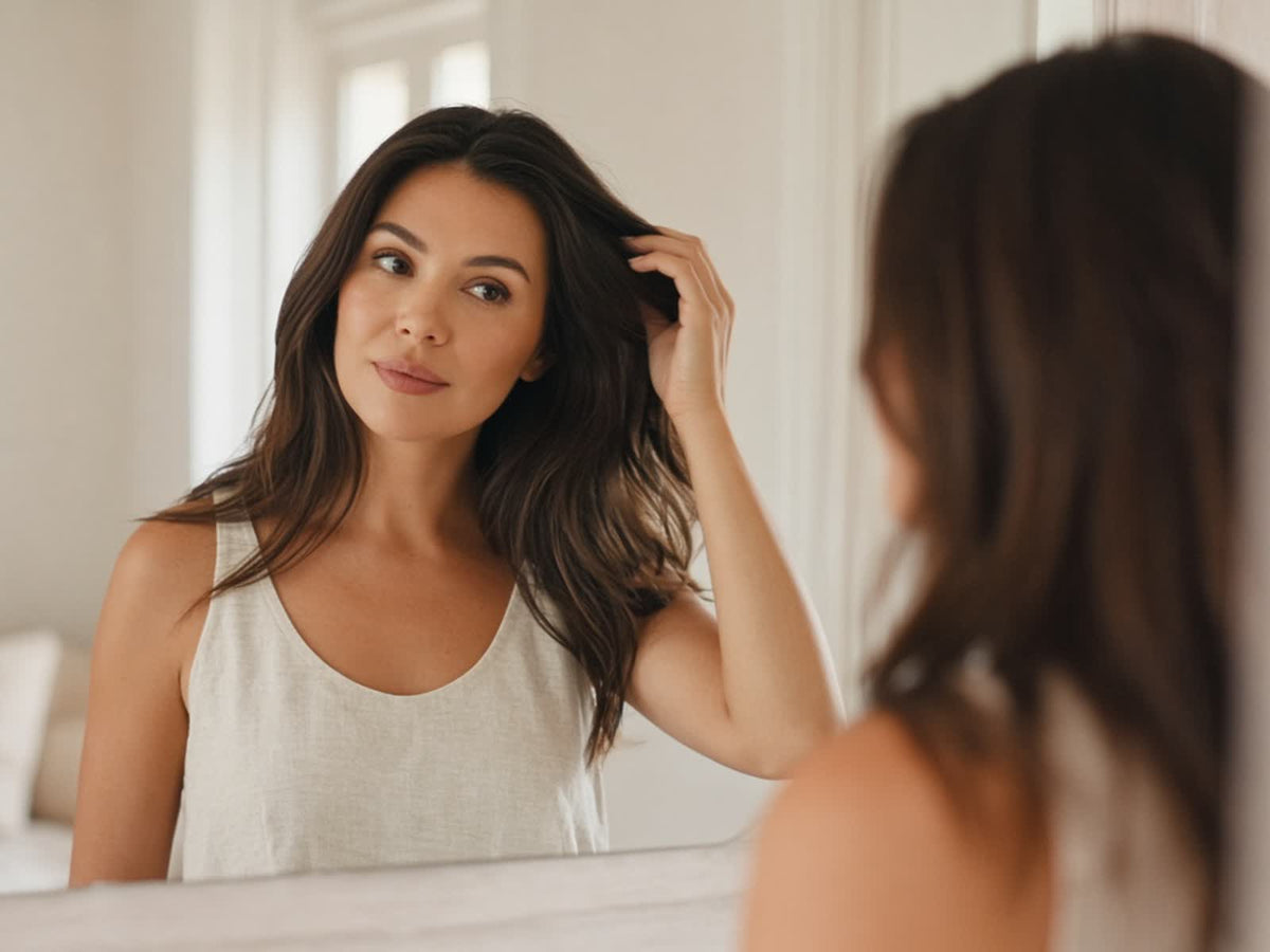 Woman checking healthy hair in the morning - Viviscal vs Nutrafol