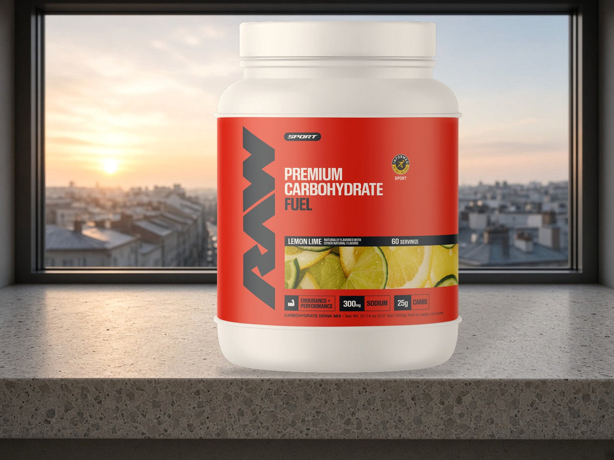 A red and white RAW Fuel Lemon Lime carbohydrate drink mix tub standing on a pale terrazzo window ledge, with city rooftops and a sunrise sky softly blurred through the window behind it