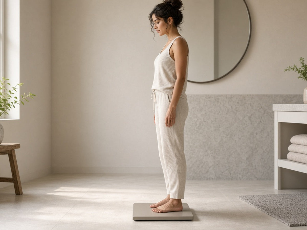 Person checking weekly fitness progress on a smartphone beside an at-home smart scale in a bright room