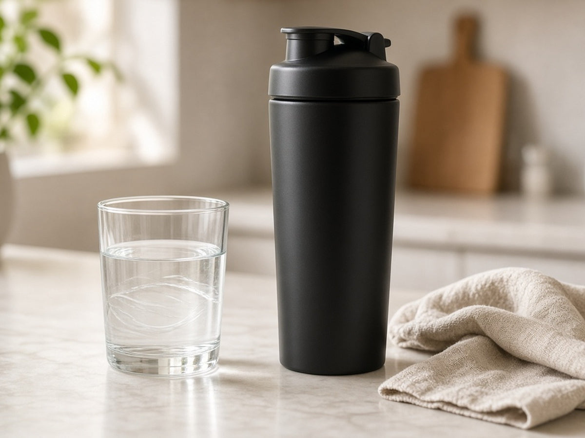 Unbranded shaker bottle and glass of water on a bright kitchen counter, everyday creatine mixing lifestyle