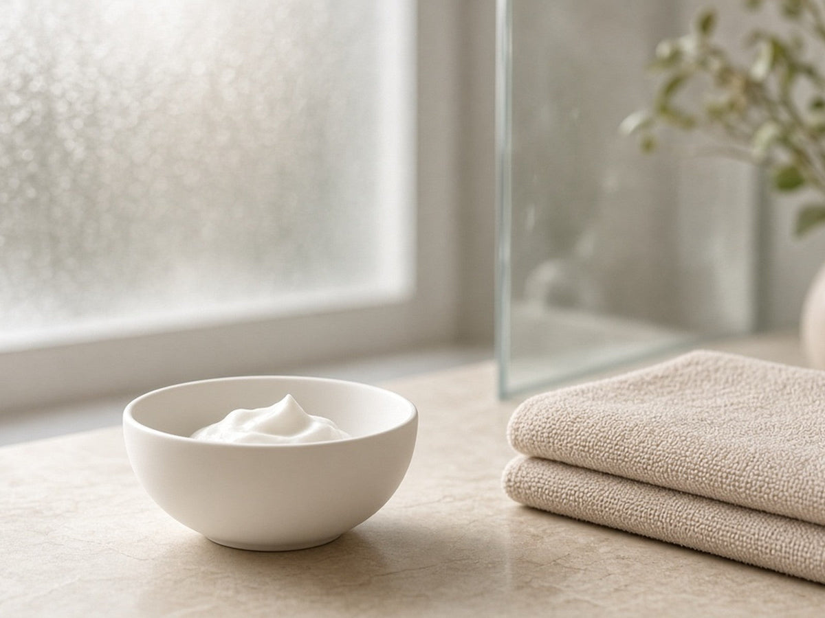 Soft morning bathroom light with an unbranded cream bowl and towel, calm sensitive-skin shave lifestyle