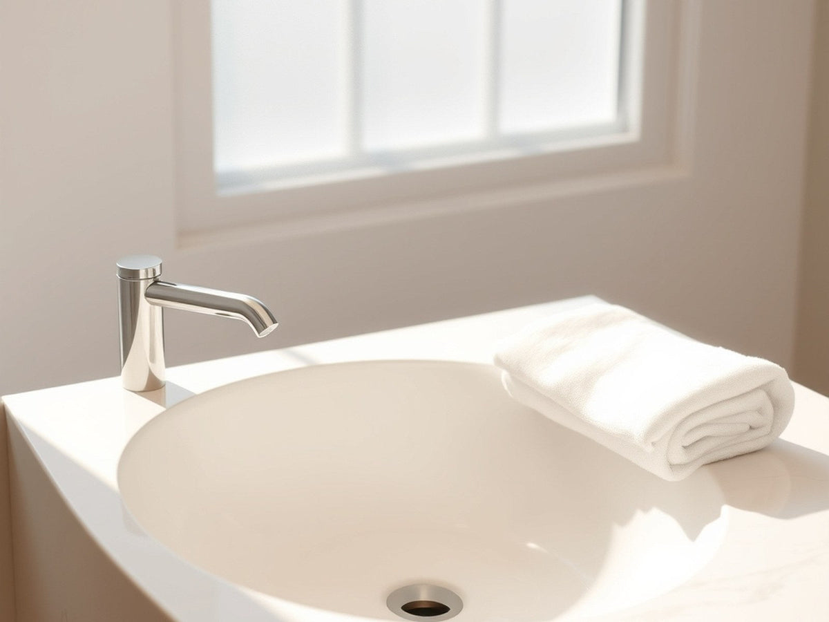 Soft morning bathroom sink with folded white towel, gentle daylight, calm steam and water droplets, quiet skincare ritual lifestyle