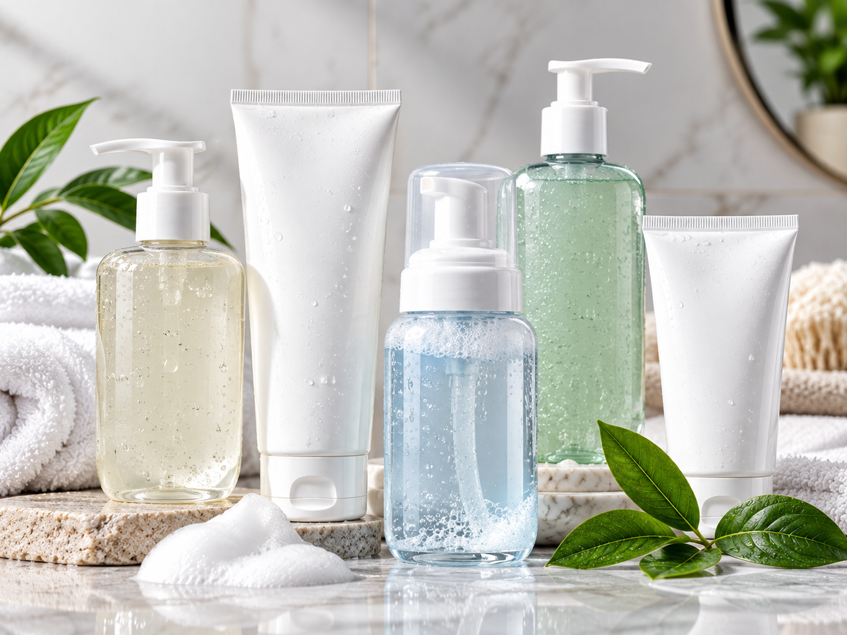 Assortment of facial cleansers, foaming face washes and gentle skincare cleansers for everyday use.