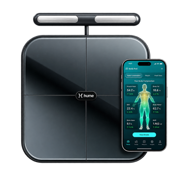 Hume Health Body Pod smart body composition scale with handheld sensors for tracking body fat, muscle mass and other body composition metrics.