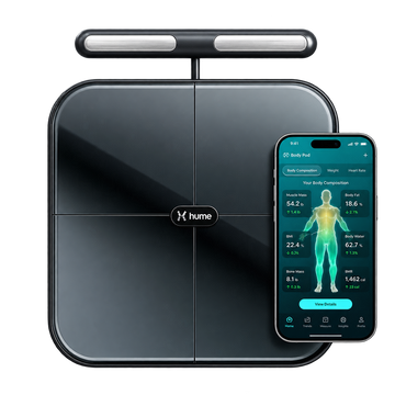Hume Health Body Pod smart body composition scale with handheld sensors for tracking body fat, muscle mass and other body composition metrics.