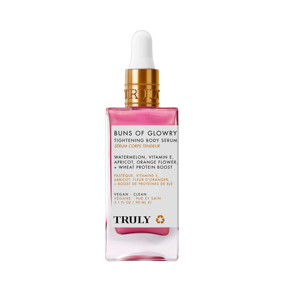 Truly Beauty Buns of Glowry Tightening Body Serum front pack bottle for firmer-looking body skin